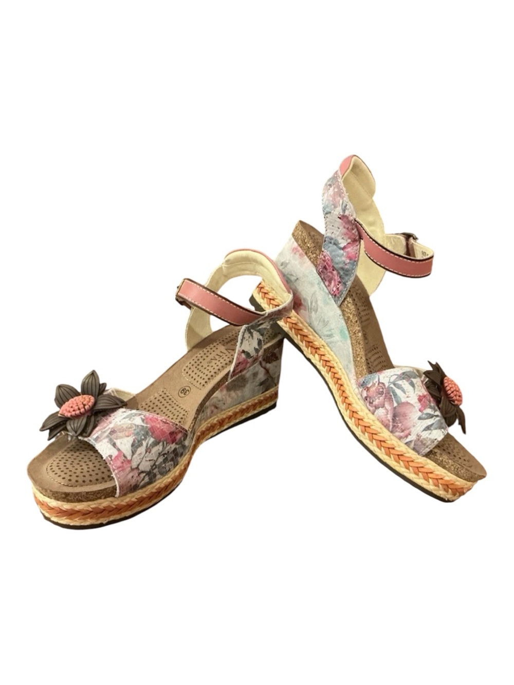 New Laura Vita France Floral Brown Pink Ankle-Strap Wedge Sandals Sz 39
